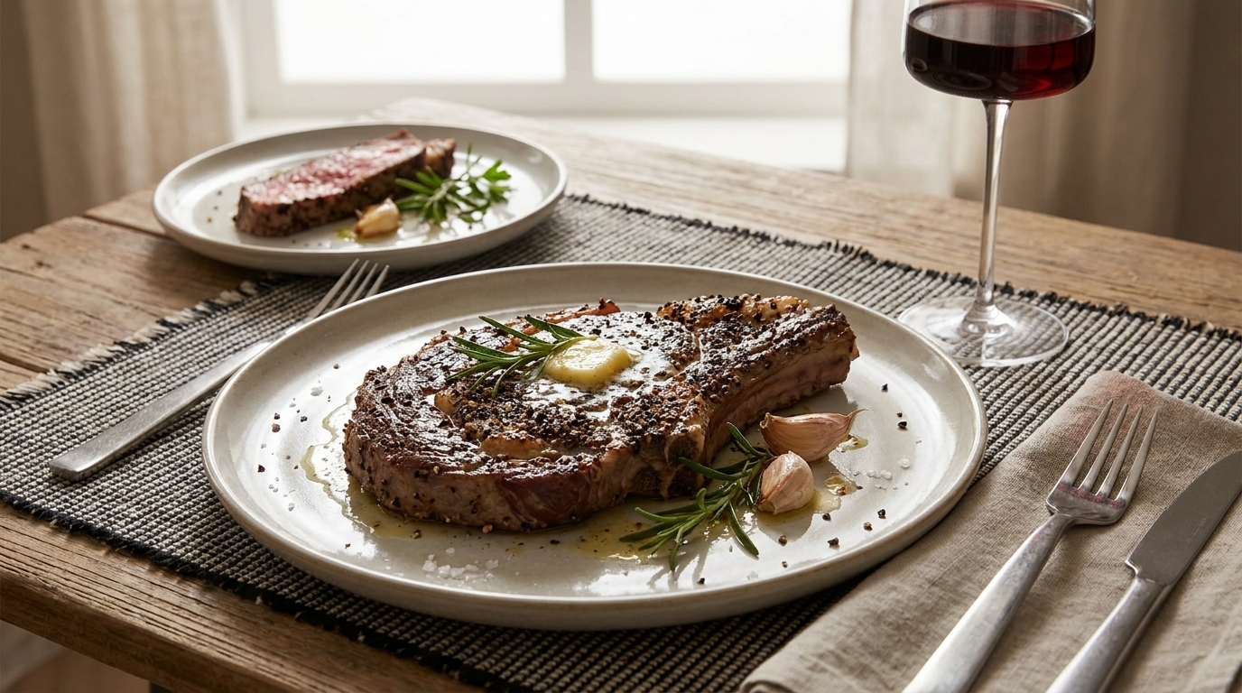 Auf einem Holztisch liegen zwei Teller mit saftigen Steaks, garniert mit Kräutern und Butter. Ein Glas Rotwein steht neben dem Hauptgericht. Die Atmosphäre ist einladend und gemütlich.