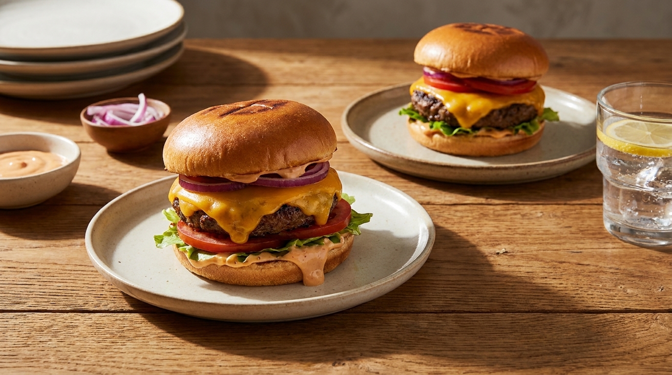 Zwei appetitliche Hamburger auf Tellern, einer mit geschmolzenem Käse, frischem Salat, Tomaten und roten Zwiebeln. Der andere Hamburger ähnelt dem ersten, steht jedoch auf einem anderen Teller. Im Hintergrund sind einige Teller und Schalen sichtbar.