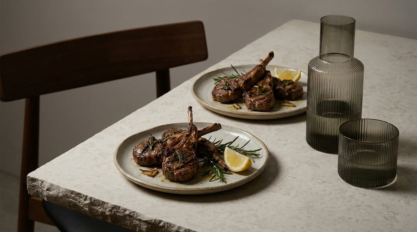 Zwei Teller mit gegrilltem Fleisch, garniert mit Rosmarin und Zitronenscheiben, stehen auf einem Tisch. Neben den Tellern stehen zwei stilvolle Gläser. Der Tisch hat eine helle, steinartige Oberfläche, und im Hintergrund ist ein Stuhl zu sehen.