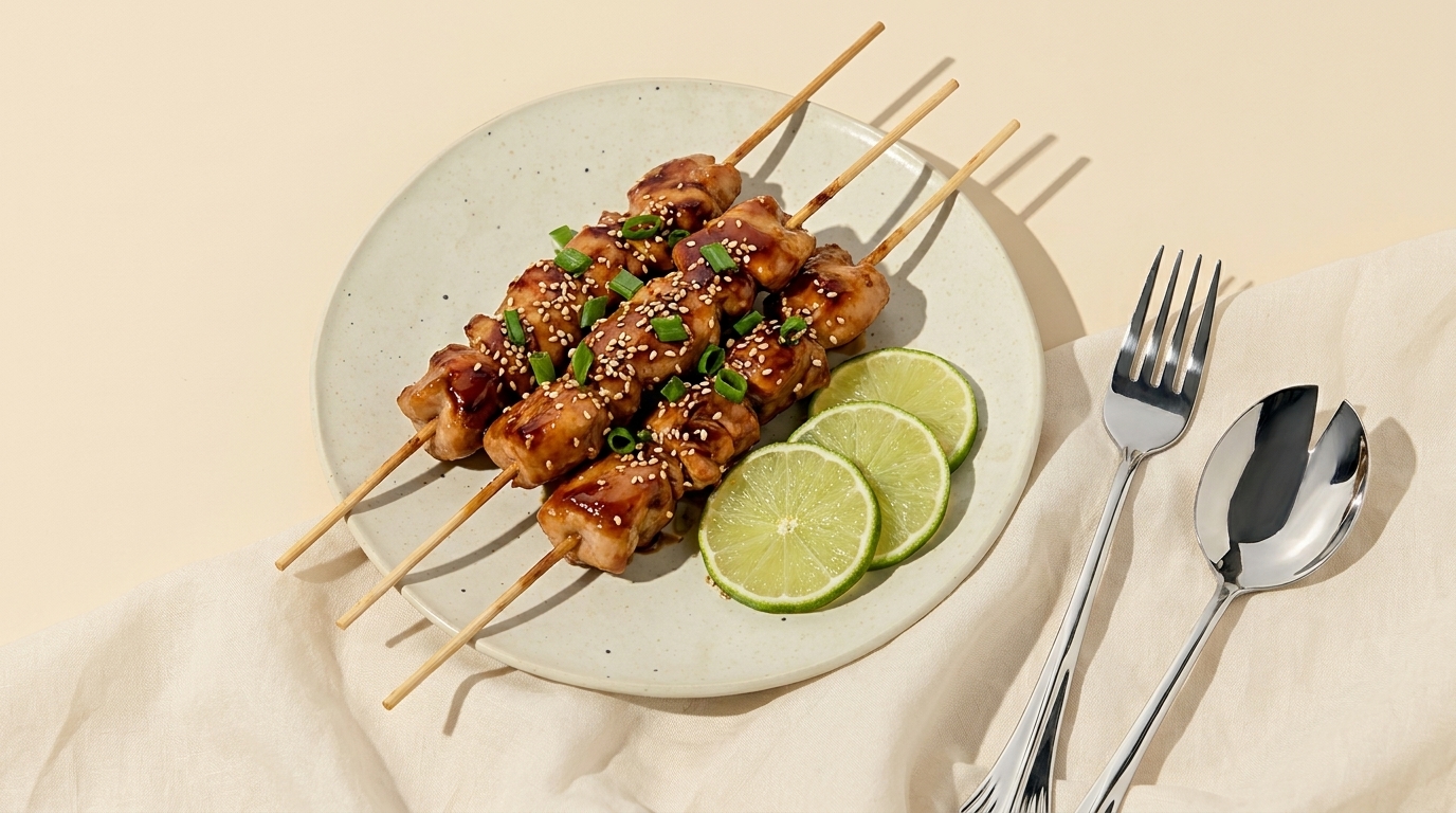 Ein Teller mit gegrillten Spießen aus mariniertem Fleisch, garniert mit Frühlingszwiebeln und Sesam, liegt auf einem hellen Untergrund. Neben den Spießen befinden sich einige Limettenscheiben und Besteck.