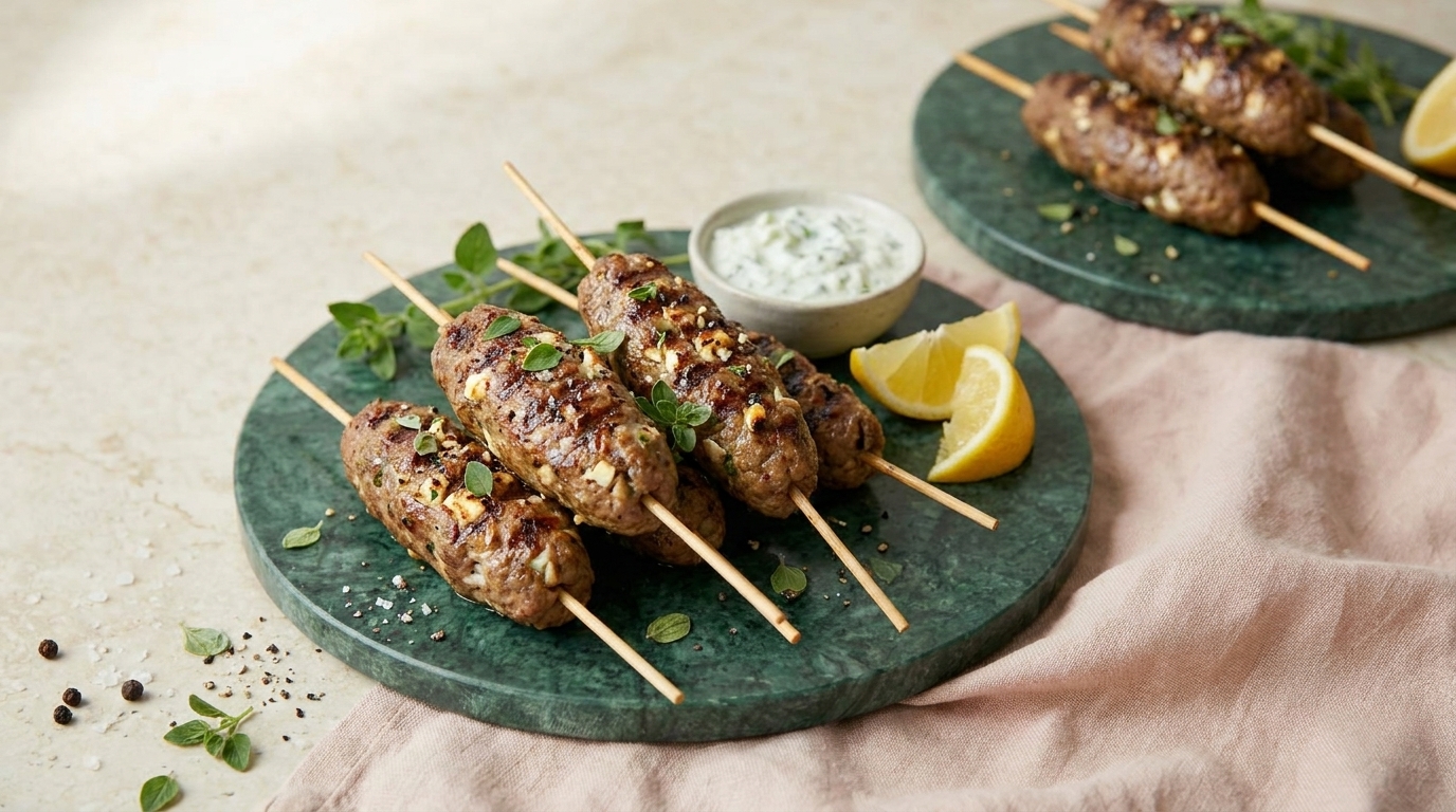 Gegrillte Fleischspieße auf einem grünen Servierbrett, garniert mit frischen Kräutern. Neben den Spießen liegt eine Schale mit Joghurtdip und einige Zitronenscheiben. Der Hintergrund ist mit einem weichen, hellen Tuch dekoriert.