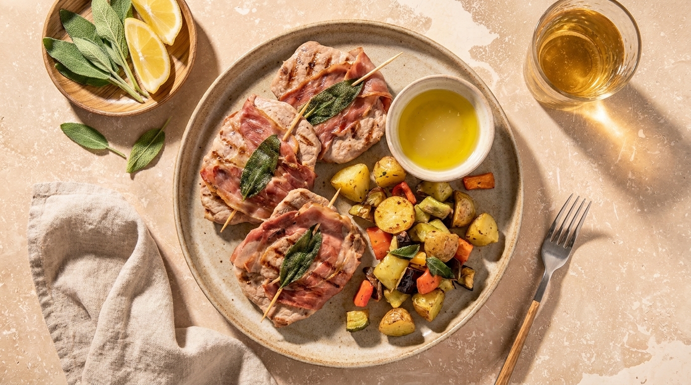 Auf dem Teller sind gegrillte Fleischstücke, umwickelt mit Speck und garniert mit Salbeiblättern. Daneben befinden sich bunte, geröstete Kartoffeln und Gemüse. Ein Schälchen mit Öl ist ebenfalls da, ergänzt von Zitronenscheiben und einem Glas Getränk.