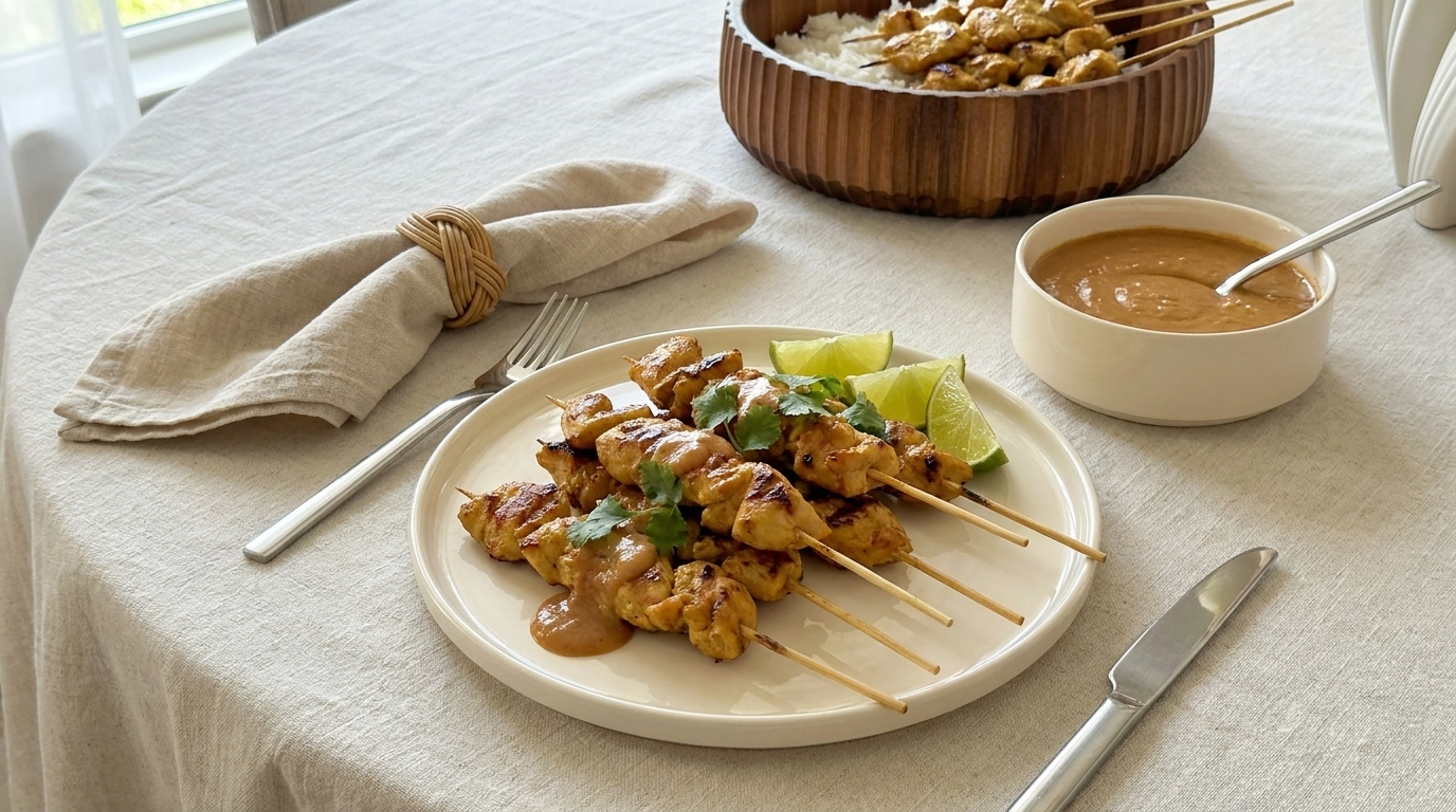 Ein Teller mit gegrillten Hähnchenspießen, garniert mit Koriander und Limettenscheiben, liegt auf einem Tisch. Neben dem Teller steht eine Schale mit Erdnusssauce und ein Holzbowl mit Reis und weiteren Hähnchenspießen.