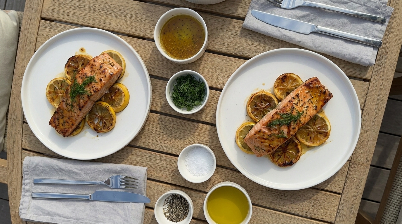 Zwei Teller mit gegrilltem Lachs, angerichtet auf Zitronenscheiben und garniert mit Dill. Neben den Tellern befinden sich kleine Schalen mit Sauce, Olivenöl, Salz, Pfeffer und frischen Kräutern. Der Tisch ist aus Holz und die Atmosphäre wirkt einladend.