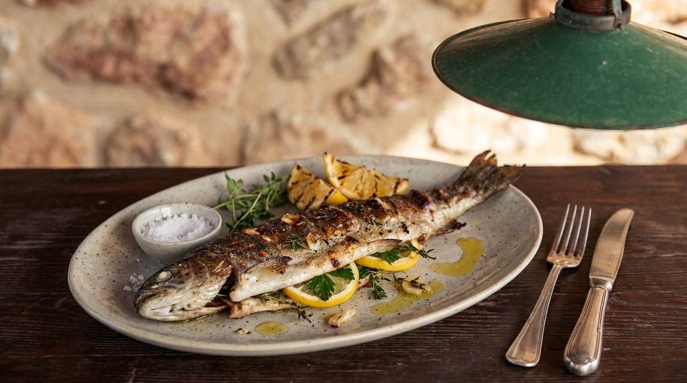 Ein gebratener Fisch, angerichtet auf einem Teller mit Zitronenscheiben und frischen Kräutern. Neben dem Fisch befindet sich eine kleine Schüssel mit Salz und gegrillte Zitronenhälften. Der Hintergrund zeigt eine steinerne Wand und eine grüne Lampe.