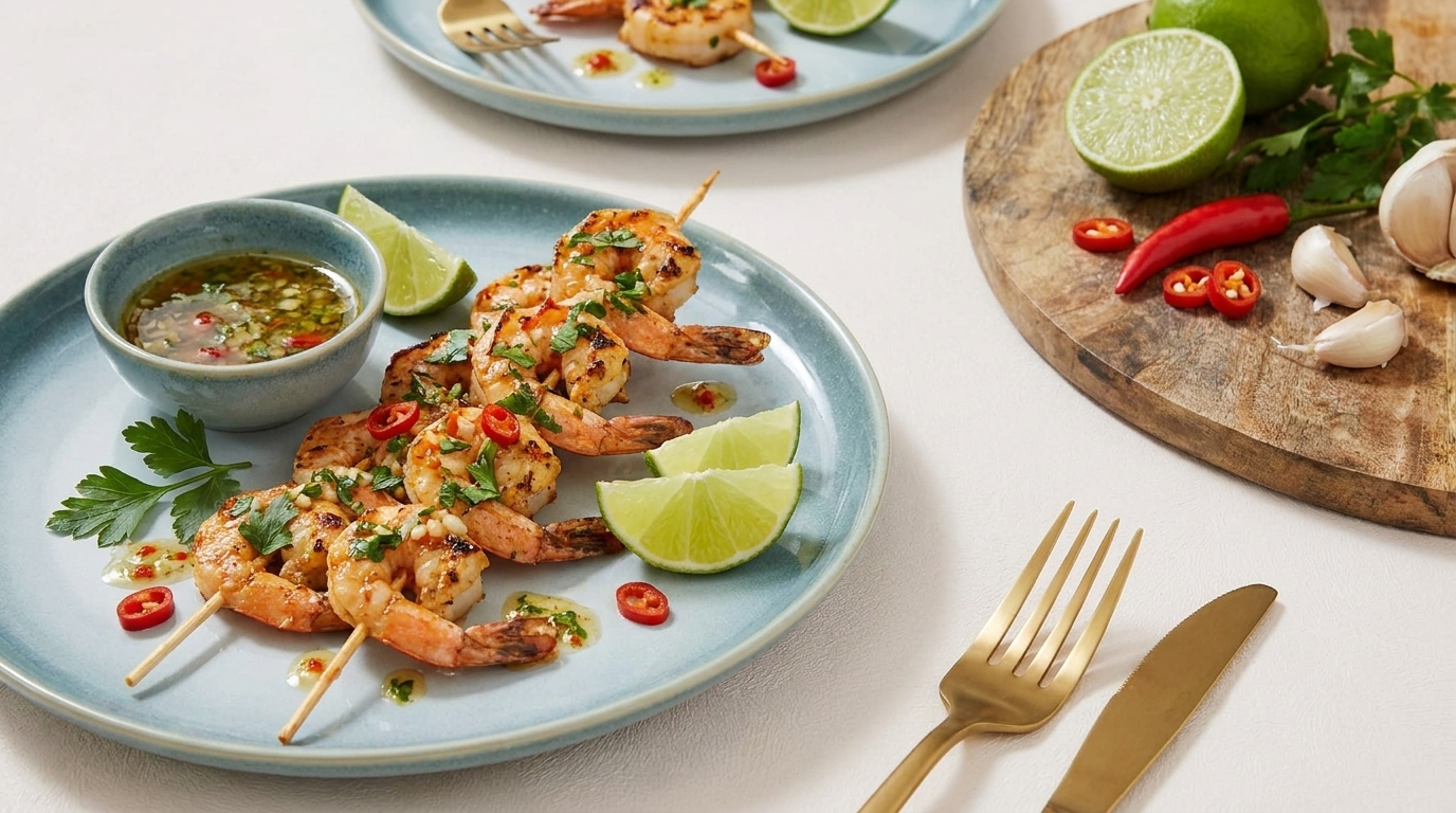 Auf dem Bild sind gegrillte Garnelen auf einem blauen Teller mit Limettenscheiben, frischen Kräutern und roten Chilischoten angerichtet. Neben den Garnelen befindet sich eine Schüssel mit Dip. Ein weiteres Gericht und eine Holzplatte mit Limetten und Knoblauch sind im Hintergrund sichtbar.
