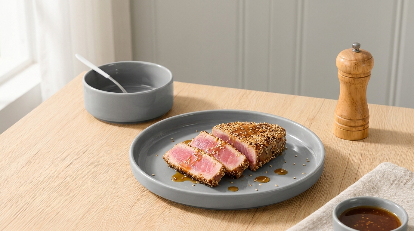 Auf dem Bild liegt ein runder, grauer Teller mit in Sesamkruste gebratenem Fleisch, das in Scheiben geschnitten ist. Daneben befindet sich eine graue Schüssel und ein Holzstreuer. Der Tisch ist aus hellem Holz.