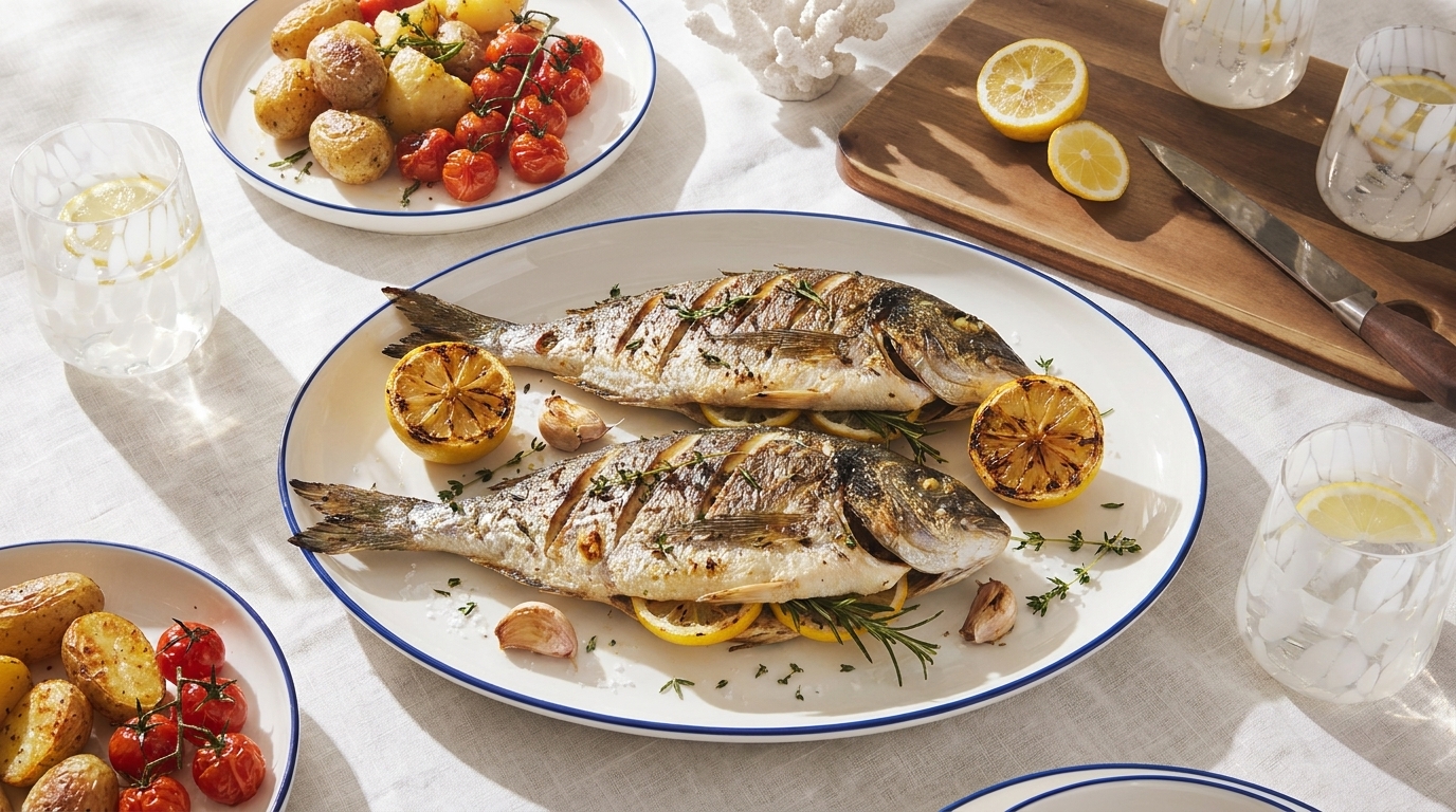 Ein elegantes Tischarrangement mit einem Hauptgericht: zwei gegrillte Fische, garniert mit Zitronenscheiben und Kräutern, auf einem großen Teller. Nebenan befinden sich Teller mit aromatischen Kartoffeln und Kirschtomaten. Gläser mit einem Getränk ergänzen die dekorative Präsentation.