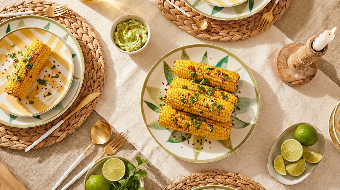 Ein gedeckter Tisch mit mehreren Tellern, auf denen gegrillte Maiskolben liegen, die mit Kräutern garniert sind. Daneben befinden sich eine Schüssel Guacamole und Limettenhälften. Der Tisch ist stilvoll mit natürlichen Materialien dekoriert.
