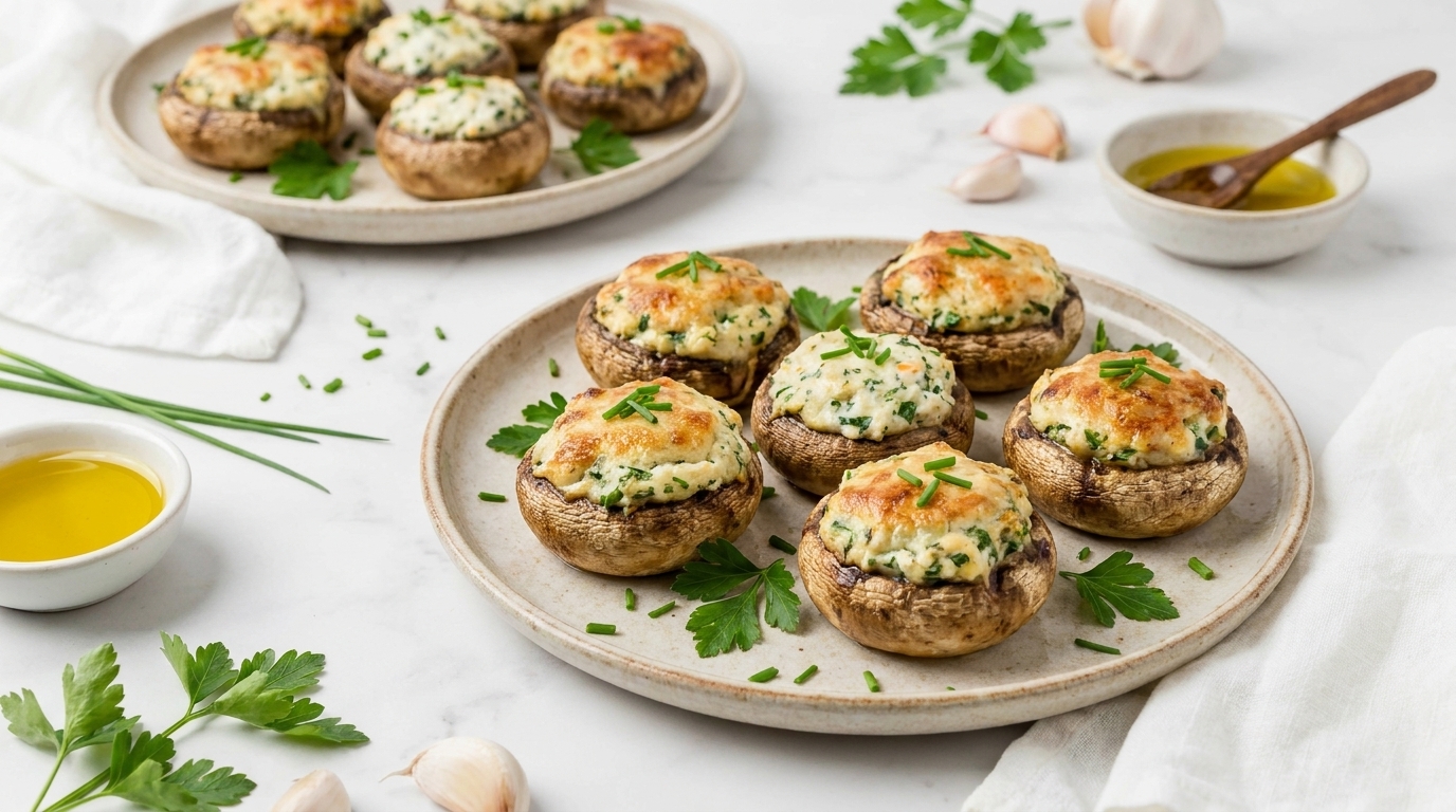 Auf dem Bild sind gefüllte Champignons auf einem Teller dargestellt. Die Pilze sind mit einer cremigen Füllung bedeckt und mit frischen Kräutern garniert. Im Hintergrund befinden sich weitere Champignons und einige Zutaten wie Knoblauch und Olivenöl.