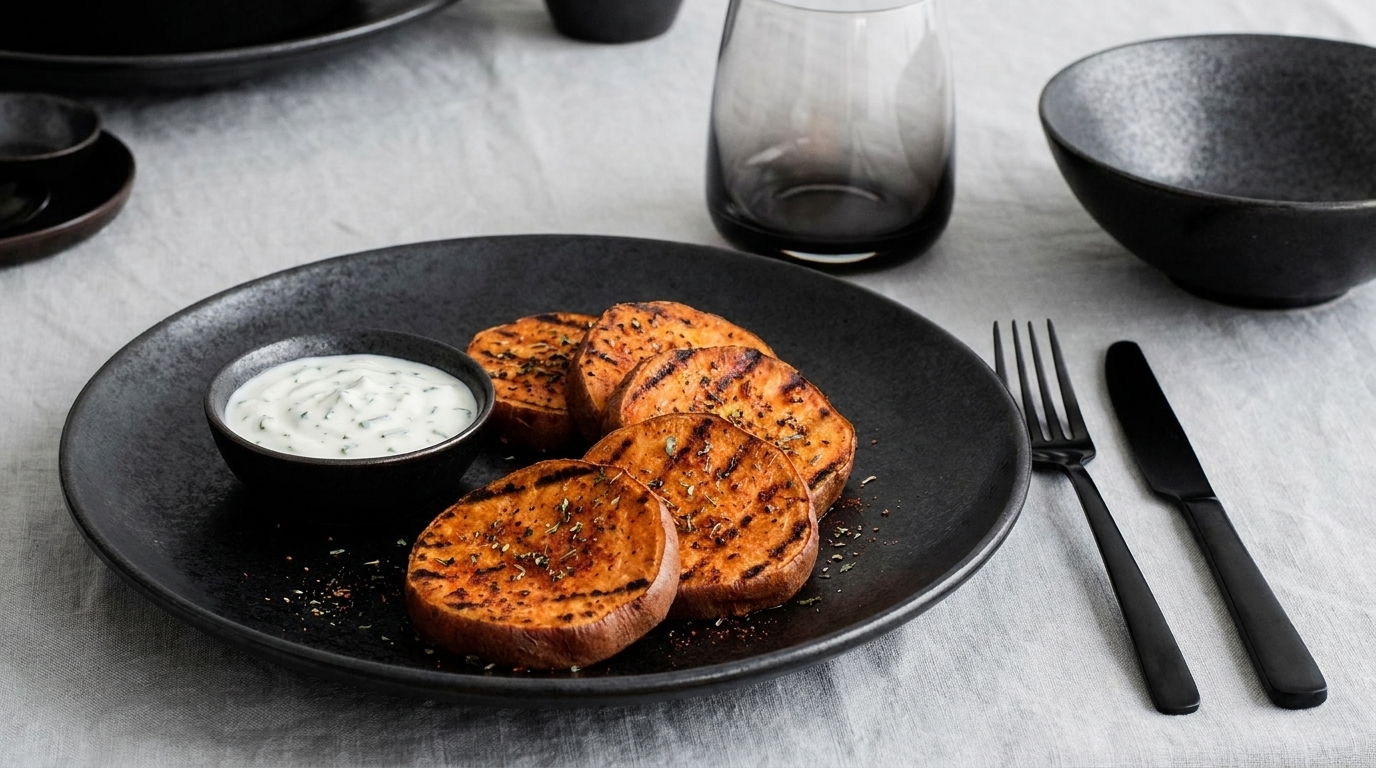 Ein schwarzes Teller mit gegrillten Süßkartoffelscheiben ist im Vordergrund. Neben den Süßkartoffeln befindet sich eine kleine Schüssel mit dipähnlichem, weißen Sauce. Auf dem Tisch liegen ein Messer und eine Gabel. Im Hintergrund sind weitere Geschirrteile sichtbar.
