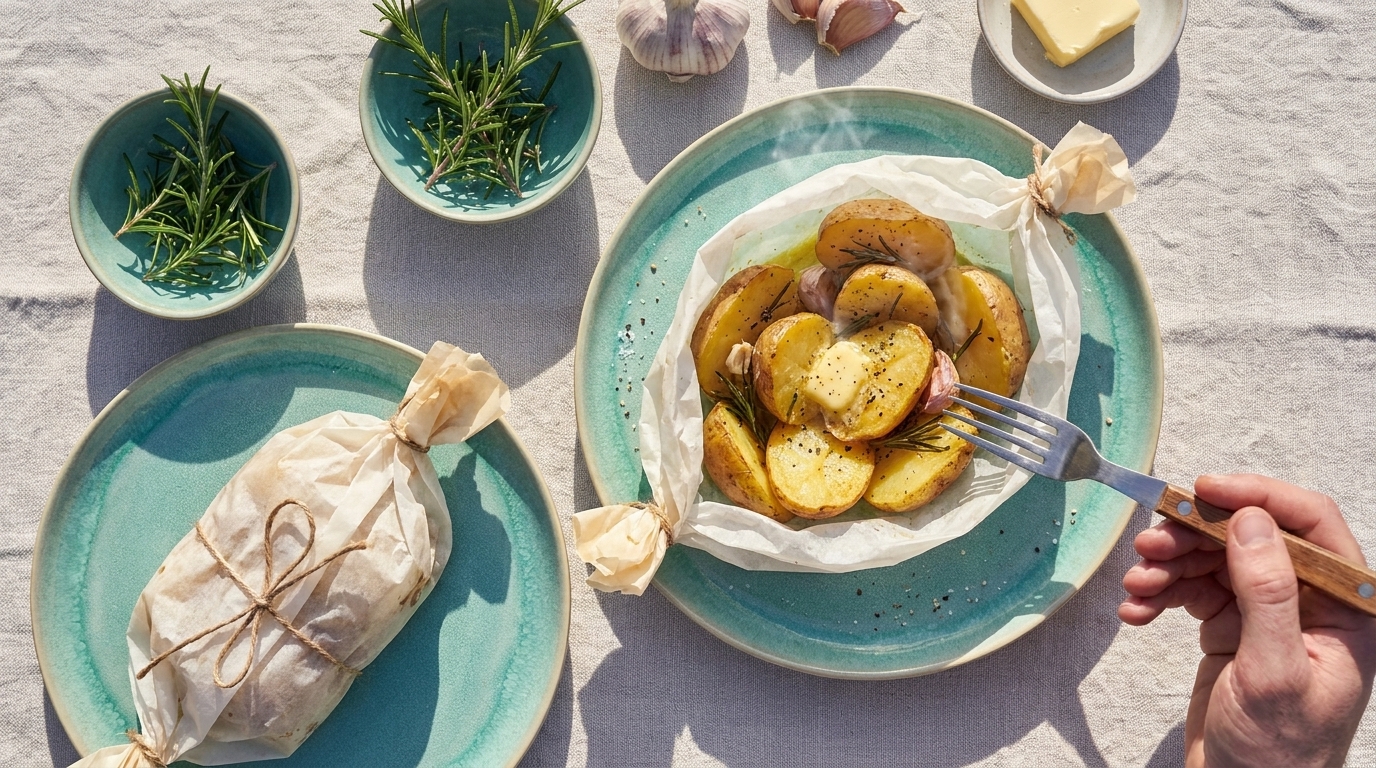 Auf dem Tisch sind geröstete Kartoffeln in Pergamentpapier serviert, umgeben von frischen Kräutern und Knoblauch. Eine Hand hält eine Gabel, während ein zweiter Teller mit einem eingewickelten Gericht neben ansteht. Der Anlass wirkt einladend und rustikal.