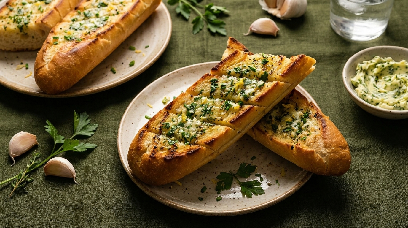 Auf einem Teller liegen zwei Stücke Knoblauchbrot, die mit Kräuterbutter bestrichen sind. Daneben befindet sich eine kleine Schüssel mit mehr Kräuterbutter. Im Hintergrund liegen einige Knoblauchzehen und frische Kräuter auf einem grünen Tuch.