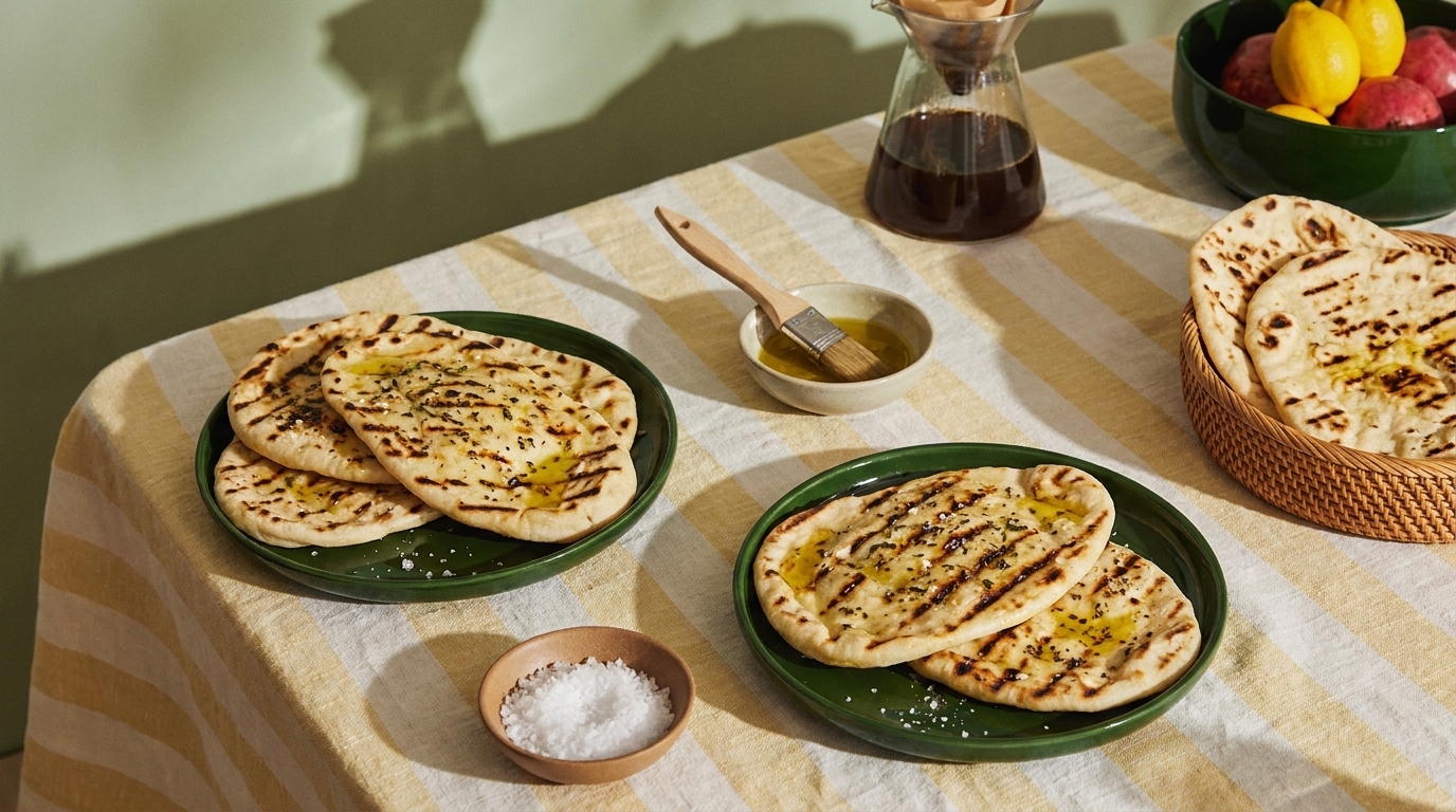Auf dem Tisch liegen mehrere frisch gegrillte Fladenbrote auf grünen Tellern, umgeben von Kleinigkeiten wie Salz und Öl. Im Hintergrund befindet sich eine Karaffe und eine Schüssel mit frischem Obst. Der Tisch ist mit einem gestreiften Tischtuch bedeckt.