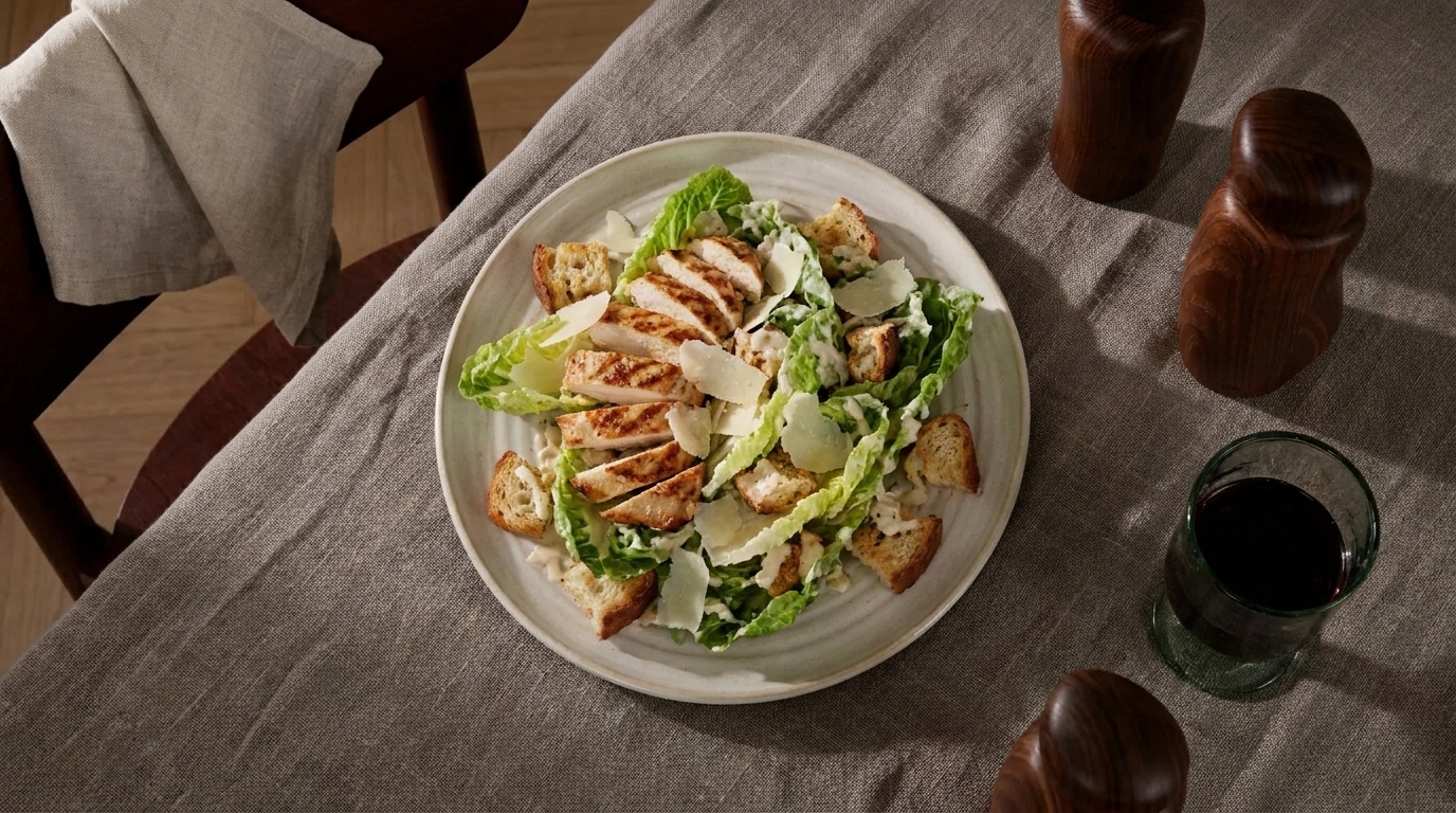 Ein Teller mit Caesar-Salat, garniert mit gegrilltem Hähnchen, Römersalat, Croutons und Streifen von Parmesan. Der Salat liegt auf einem hellen Teller und wird von einem gedeckten Tisch umgeben.