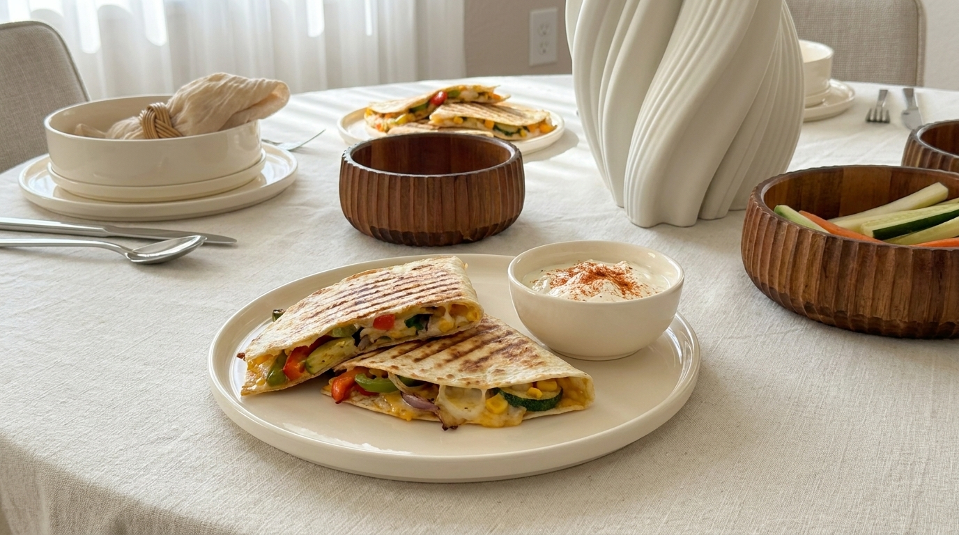 Auf einem Tisch sind gegrillte Quesadillas mit buntem Gemüse auf einem Teller angerichtet. Daneben steht eine kleine Schüssel mit Dipsauce. Weitere Gerichte und Utensilien sind im Hintergrund sichtbar. Der Tisch ist mit einer hellen Tischdecke gedeckt.
