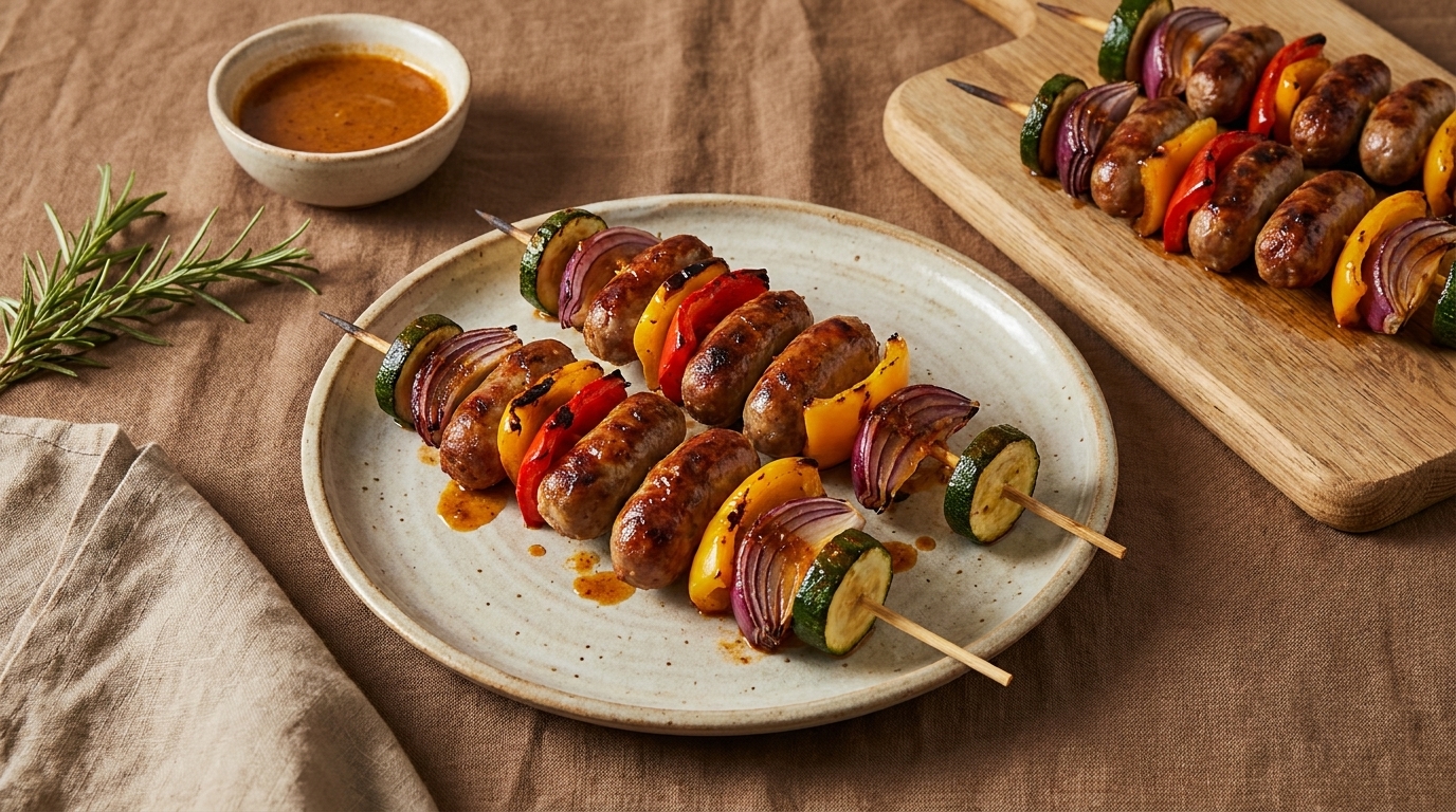Auf einem Teller liegen gegrillte Spießchen mit Würstchen, Paprika, Zucchini und Zwiebeln. Daneben befindet sich eine kleine Schüssel mit einer Sauce. Im Hintergrund sind weitere Spieße auf einem Schneidebrett zu sehen.