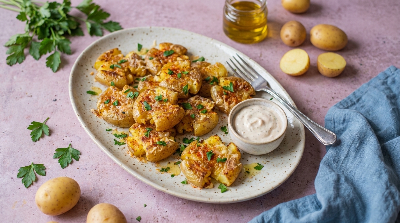 Ein ovaler Teller mit knusprig gebratenen, zerdrückten Kartoffeln, garniert mit frischer Petersilie. Daneben eine kleine Schüssel mit einer cremigen Sauce. Im Hintergrund sind rohe Kartoffeln und ein Glas Olivenöl zu sehen.