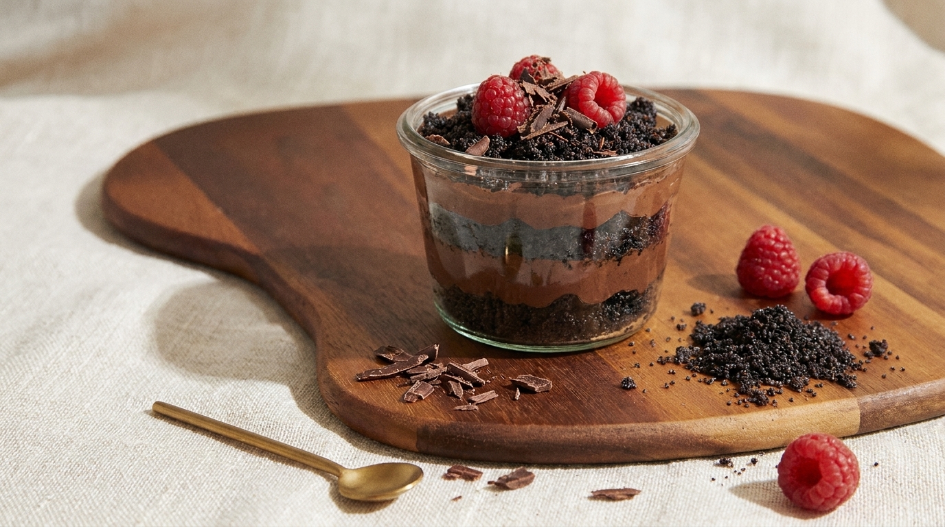 Ein Glasschälchen mit Schokoladenmousse, abwechselnd geschichtet mit Keksbröseln, ist auf einem Holzbrett platziert. Oben sind frische Himbeeren und Schokoladenspäne dekoriert. Einige Kekskrümel und weitere Himbeeren liegen daneben.