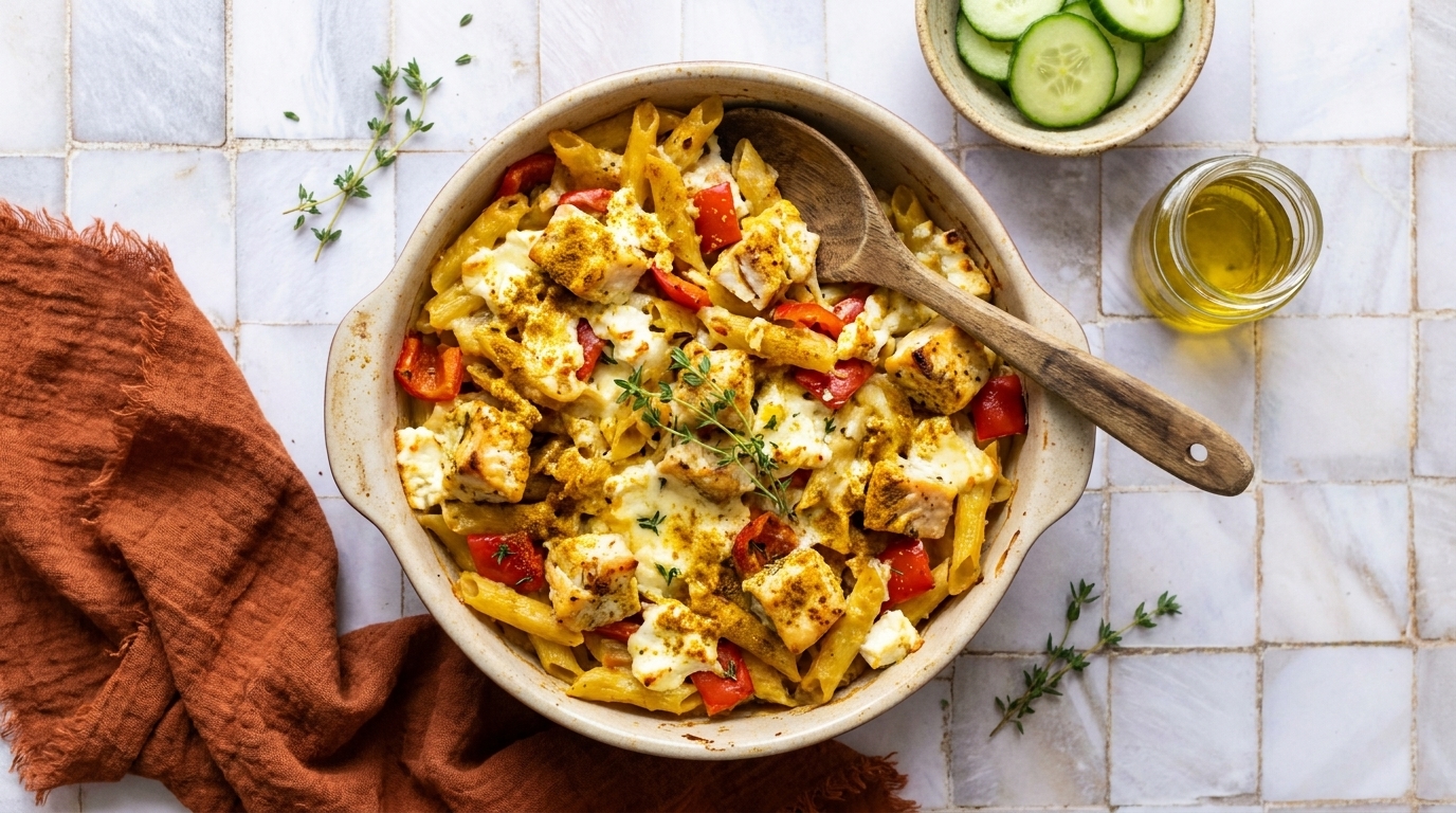 Eine Schüssel mit Pasta, Hähnchenstücken und buntem Gemüse wie Paprika, garniert mit frischen Kräutern. Daneben ein kleines Glas mit Olivenöl und ein Teller mit Gurkenscheiben. Ein Holzlöffel liegt in der Schüssel.