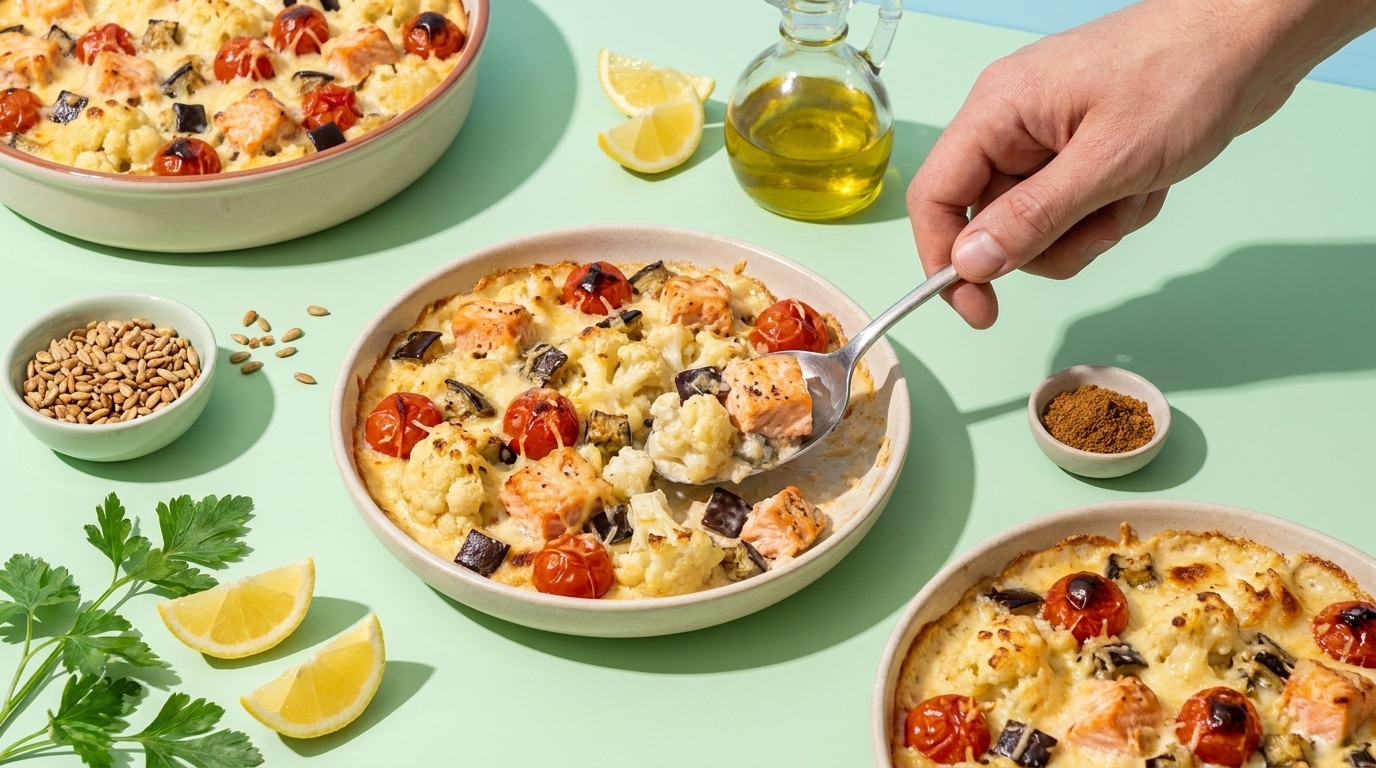 Ein Hand greift nach einer Portion eines Gerichts aus einer weißen Schüssel. Das Essen besteht aus Lachs, Blumenkohl, Kirschtomaten und Gewürzen, garniert mit frischen Kräutern. Im Hintergrund sind eine Flasche Öl, Zitronenscheiben und eine Schale mit Kernen zu sehen.