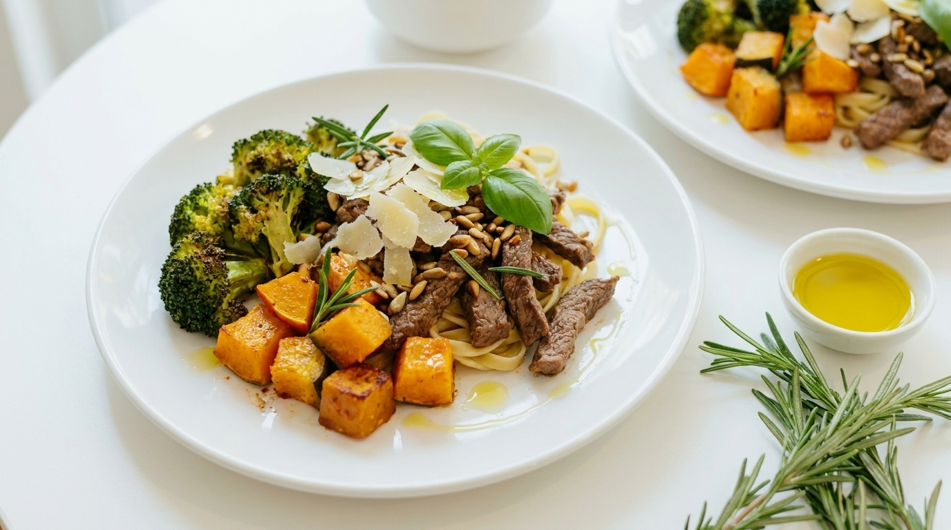 Ein Teller mit Pasta, Rindfleischstreifen, Brokkoli und gebackenem Kürbis. Das Gericht ist mit Pinienkernen, Parmesan und frischem Basilikum garniert. Daneben befindet sich ein kleiner Schälchen mit Olivenöl.