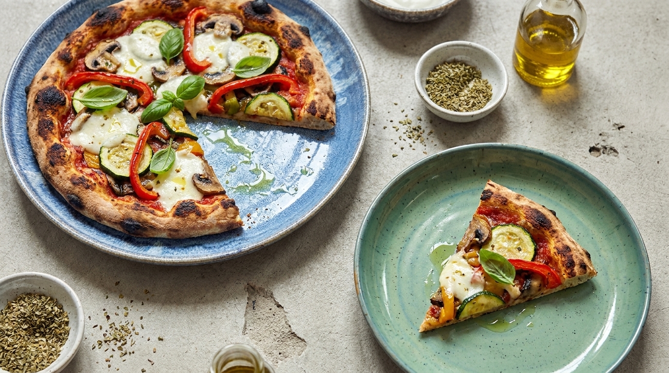 Eine frisch gebackene Pizza mit roten Paprika, Zucchini, Pilzen und Mozzarella, garniert mit frischem Basilikum. Ein Stück der Pizza ist auf einem grünen Teller angerichtet. Um die Pizza herum sind Gewürze und Olivenöl in kleinen Schalen dekoriert.