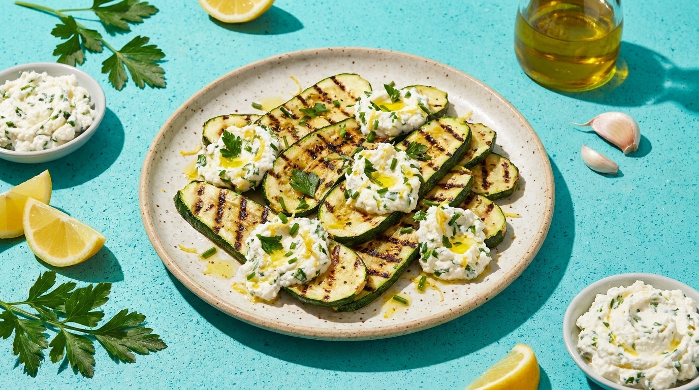 Ein gepflegte, flache Schale mit gegrillten Zucchinischeiben, die mit einer cremigen Kräuter-Creme Garniert sind. Um die Schale herum liegen frische Zitronen, und in kleinen Schalen sind weitere Kräuter und eine weiße Creme zu sehen. Die Gesamtanordnung wirkt frisch und appetitlich.