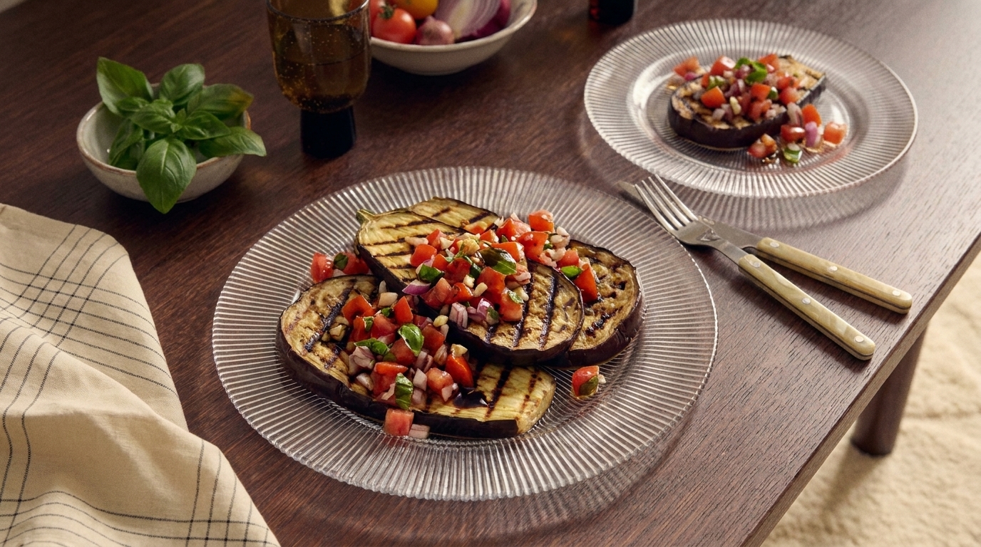 Auf einem Tisch liegen zwei Teller mit gegrillten Auberginenscheiben, die mit frischen Tomaten und Kräutern garniert sind. Neben den Tellern befindet sich ein kleiner grüner Basilikumbusch und eine Flasche Olivenöl.