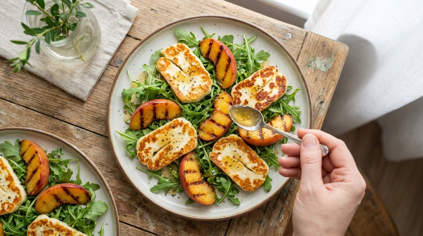 Ein Teller mit gegrilltem Halloumi-Käse und geschnittenen, gegrillten Pfirsichen liegt auf einem Holztisch. Die Speisen sind auf einem Bett aus Rucola angerichtet. Eine Hand hält einen Löffel, um eine goldene Sauce über den Salat zu geben.