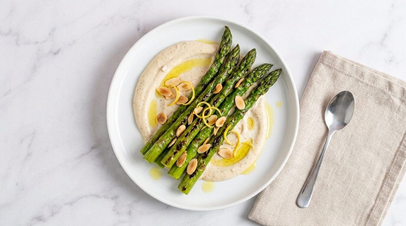 Ein Teller mit grünem Spargel, der auf einer cremigen Sauce angerichtet ist. Die Sauce ist mit gerösteten Mandeln und Zitronenscheiben garniert. Daneben liegt ein Löffel und ein Serviette aus Leinen.