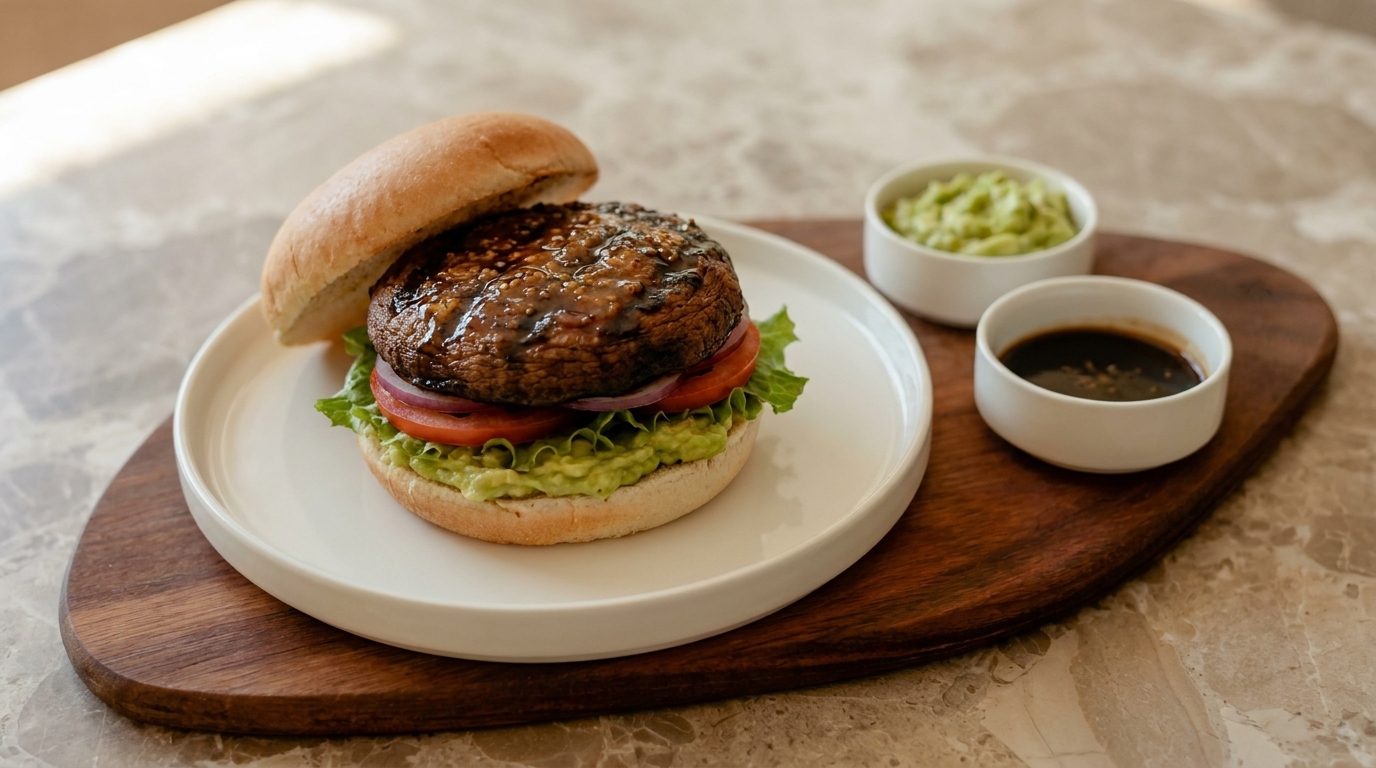 Ein Burger mit einem gegrillten Patty, frischem Salat und Tomaten zwischen zwei Brötchenhälften. Daneben befinden sich zwei kleine Schalen mit Guacamole und einer dunklen Soße auf einem Holzbrett.