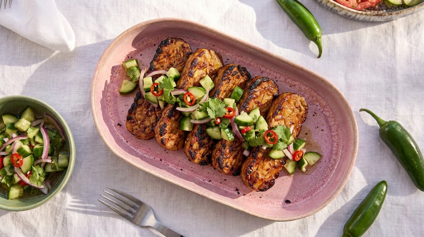 Auf einem ovalen Teller liegen gegrillte, braun gebratene Gemüse-Scheiben, garniert mit einem frischen Salat aus Gurken, Kräutern und roten Chilischoten. Daneben befindet sich eine Schale mit einem ähnlichen Gurkensalat. Im Hintergrund sind grüne Chilischoten sichtbar.
