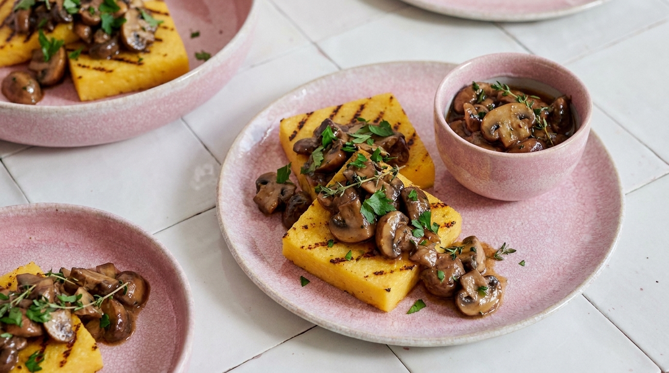 Ein Teller polentabasiertes Gericht mit gegrillten Polenta-Stücken, die mit sautierten Champignons und frischen Kräutern garniert sind. Neben diesem Hauptgericht steht eine kleine Schüssel mit zusätzlichen Champignons. Der Teller hat eine zarte rosa Farbe.