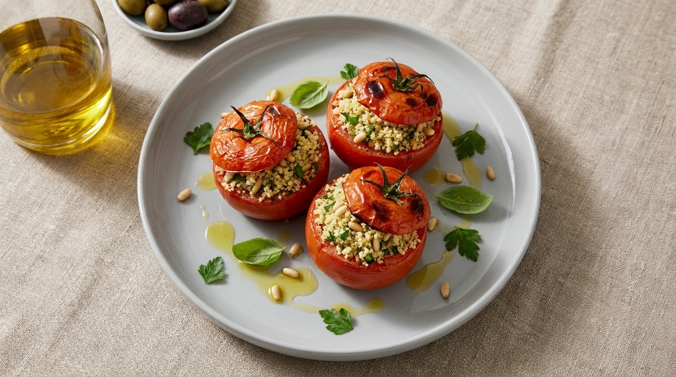 Ein Teller mit drei gefüllten Tomaten, die mit Couscous, Kräutern und gerösteten Pinienkernen garniert sind. Die Tomaten sind im Ofen gebacken und mit anscheinend gerösteten Garnelen belegt. Dazu Oliven und ein Glas Olivenöl liegen auf einem hellen Tisch.