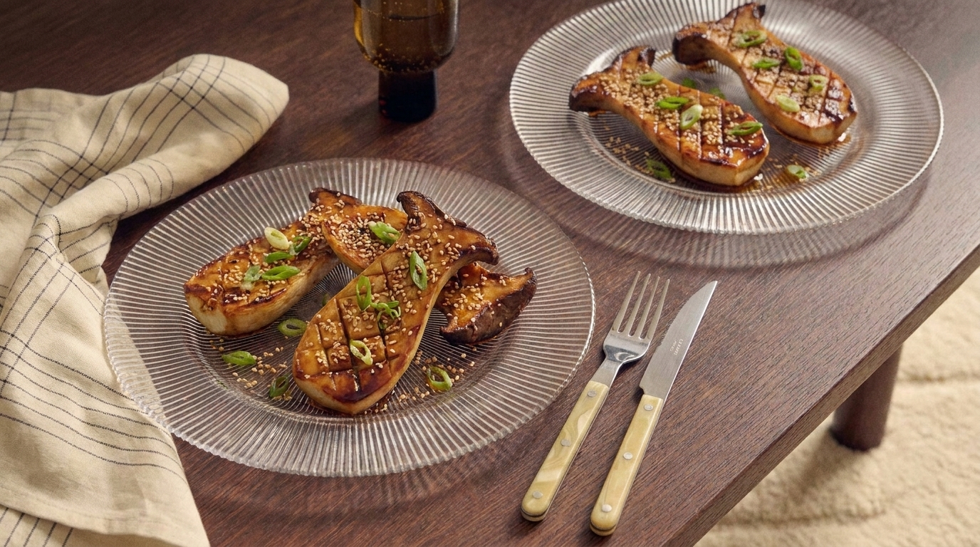 Zwei Teller mit gegrilltem Fisch auf einem Holztisch. Der Fisch ist glasiert und mit Frühlingszwiebeln garniert. Neben den Tellern liegt ein gestreiftes Geschirrtuch und eine Flasche Öl steht bereit. Essbesteck aus Edelstahl mit hellen Griffen liegt neben den Tellern.