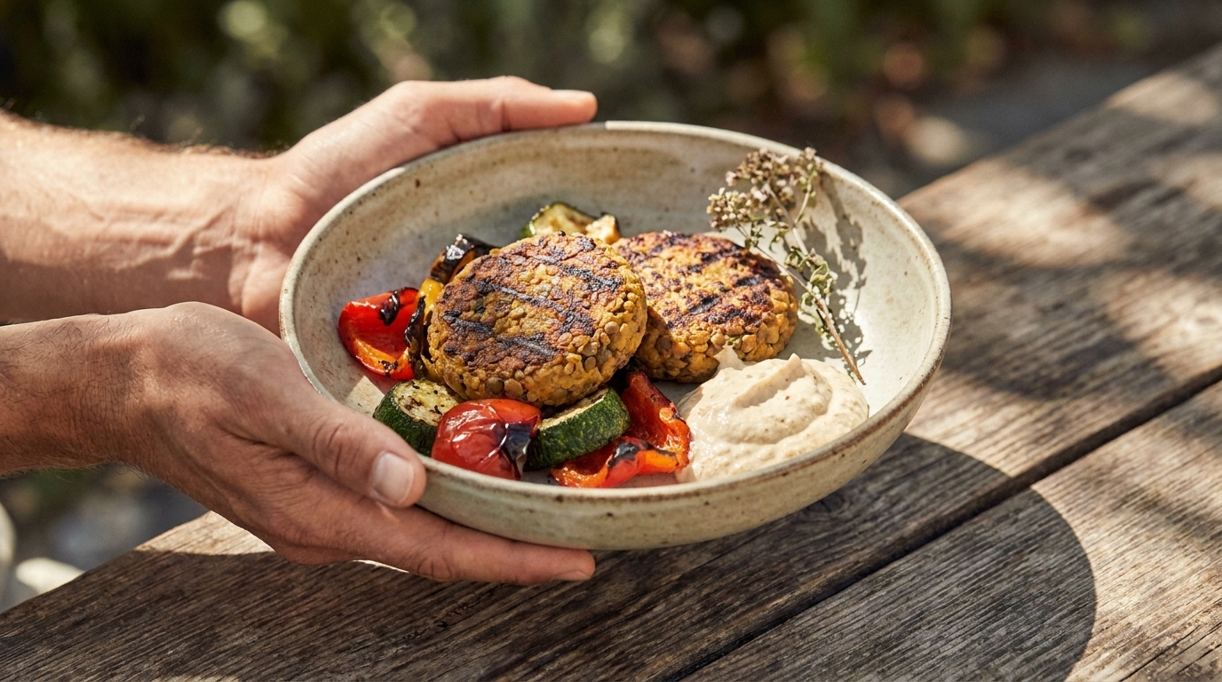 Eine Person hält eine Schüssel mit zwei gegrillten vegetarischen Burgern, umgeben von buntem, gegrilltem Gemüse wie Paprika und Zucchini. Neben den Burgern befindet sich eine Portion Dip. Die Szenerie ist hell und einladend.