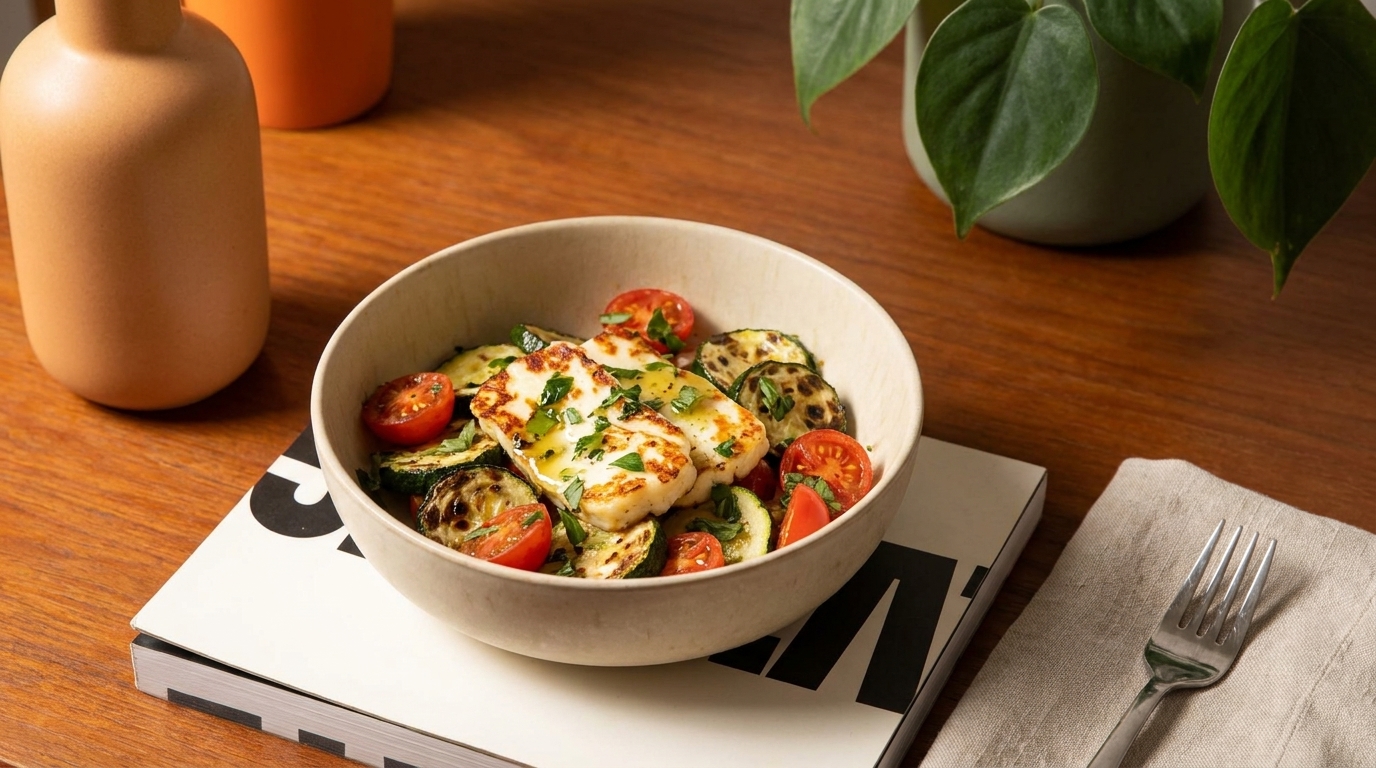 Eine Schüssel mit gegrilltem Gemüse, darunter Zucchini und Tomaten, sowie einer Portion Käse, garniert mit frischen Kräutern. Die Schüssel steht auf einem Holzstapel, neben einem Teller und einer Gabel. Die Umgebung ist modern und minimalistisch gestaltet.
