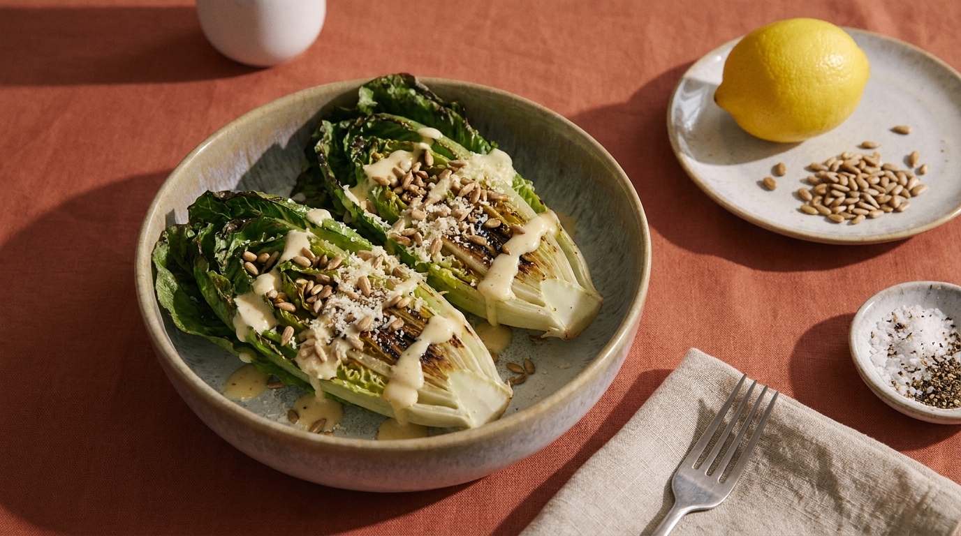 Auf einem Teller liegen zwei gegrillte Romainsalatherzen, garniert mit einer cremigen Sauce und Sonnenblumenkernen. Daneben sind eine Zitrone, ein Schälchen mit Samen und zwei kleine Schalen mit Salz und Pfeffer angeordnet. Der Hintergrund ist in warmen Erdtönen gehalten.
