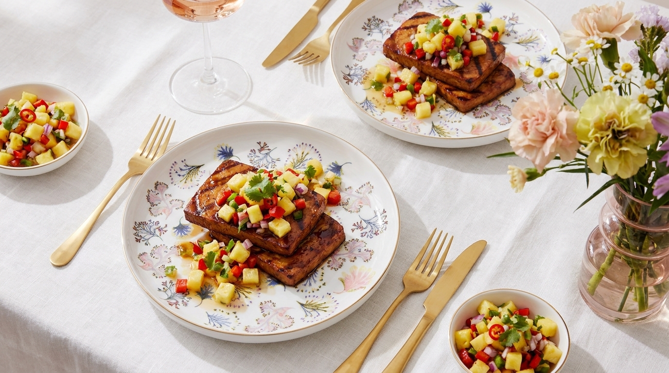 Auf dem Tisch stehen zwei Teller mit gebratenem Fleisch, garniert mit einer bunten Salsa aus Gemüse und Früchten. Daneben befinden sich zwei Schalen mit zusätzlicher Salsa und ein Glas Roséwein. Der Tisch ist mit einer blütenverzierten Tischdecke gedeckt.