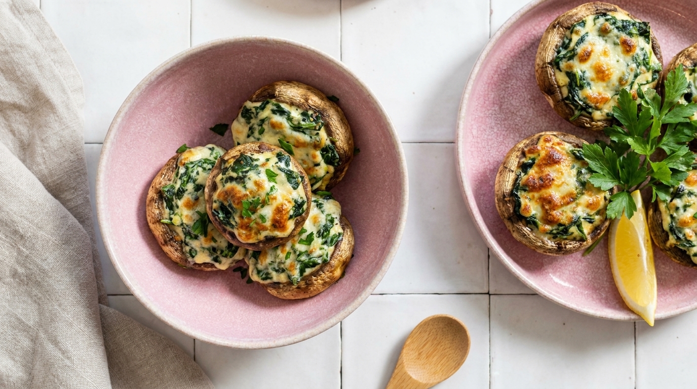 Zwei Schalen mit gefüllten Champignons sind abgebildet. Die Champignons sind mit einer Füllung aus Spinat und einer goldbraunen Käsekruste belegt. Auf dem Rand einer Schale liegt ein Stück Zitrone, daneben frische Petersilie.