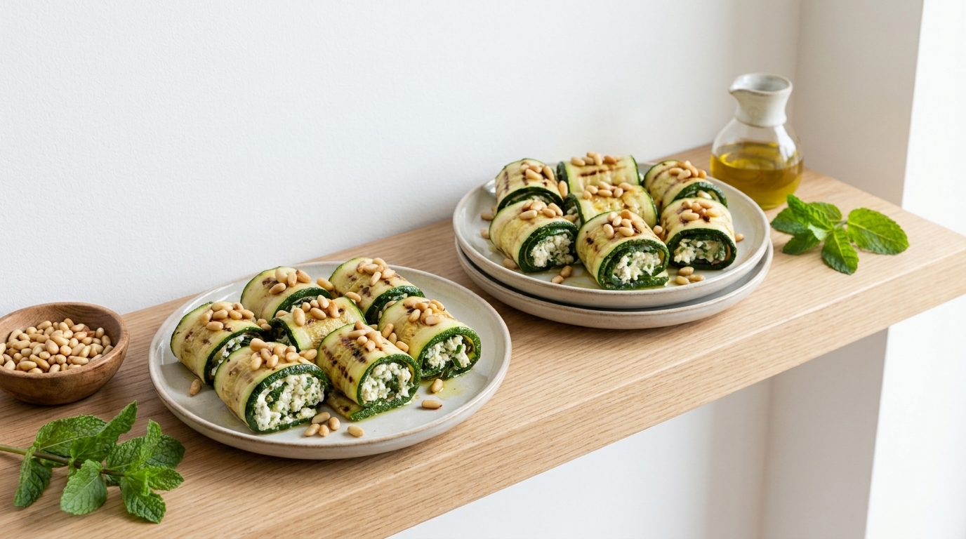 Zwei Schalen mit gefüllten Gemüse-Rollen auf einem Holzregal. Die Rollen bestehen aus Zucchini oder Auberginen, gefüllt mit einer cremigen Kräuter- und Käsemischung, garniert mit Pinienkernen. Neben den Schalen liegen frische Minzblätter und eine kleine Schale mit weiteren Pinienkernen.
