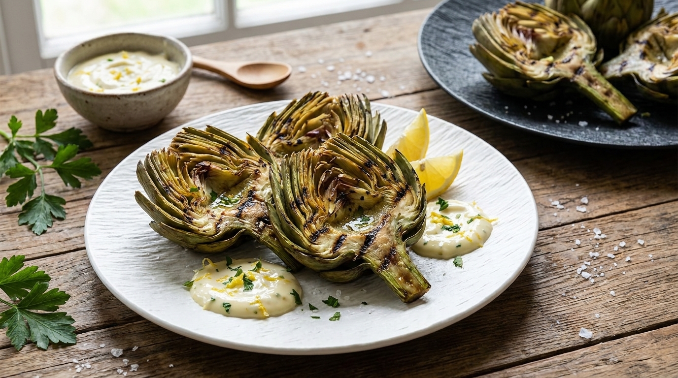 Gegrillte Artischocken liegen auf einem weißen Teller. Dazu gibt es eine cremige Sauce und Zitronenscheiben. Im Hintergrund sind weitere Artischocken und eine Schüssel mit Sauce zu sehen, auf einem Holztisch mit Kräutern und Salz.