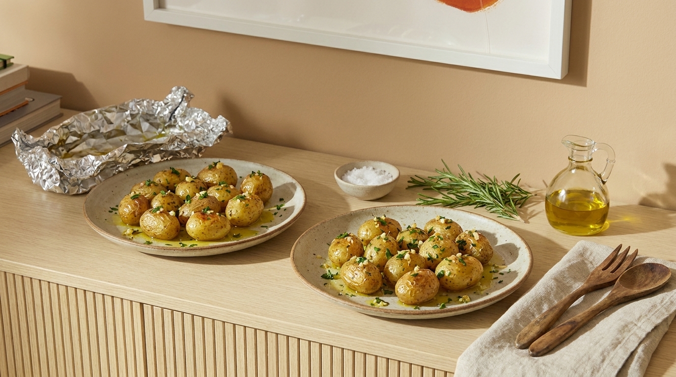 Zwei Teller mit goldbraun gerösteten Kartoffeln, garniert mit frischen Kräutern, stehen auf einem Tisch. Neben ihnen befinden sich eine Schüssel mit Salz, ein Glas Olivenöl und eine mit Aluminiumfolie bedeckte Schale. Der Hintergrund ist schlicht und beige.