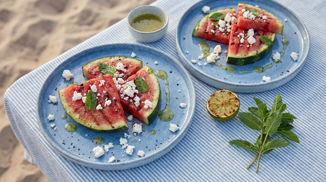 Zwei Teller mit Wassermelonenstücken sind auf einem Tisch angeordnet. Die Melonen sind mit Feta-Käse, frischen Minzblättern und einem grünen Dressing garniert. Eine halbe Limette und frische Minze liegen daneben. Der Tisch ist mit einer gestreiften Tischdecke bedeckt.
