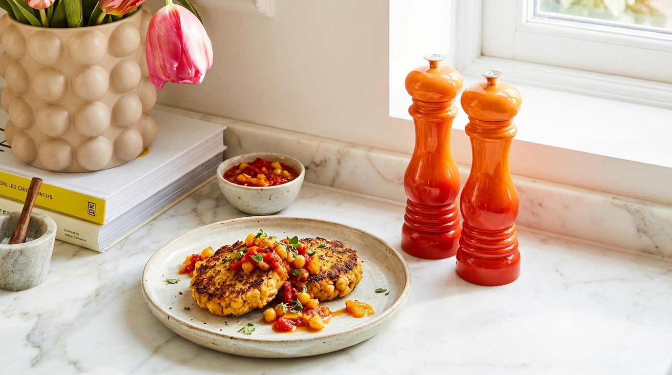 Auf dem Tisch liegt ein flacher Teller mit zwei goldbraunen Frikadellen, garniert mit einer bunten Salsa. Daneben steht eine kleine Schüssel mit weiterer Salsa sowie zwei orangefarbene Pfeffermühlen, die das Bild ergänzen. Die gesamte Szene strahlt eine freundliche und einladende Atmosphäre aus.