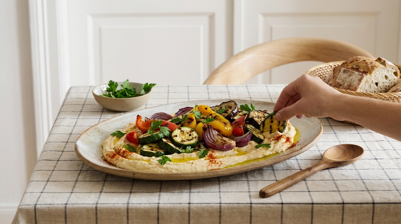 Eine Hand greift nach gegrilltem Gemüse, das auf einer großen Platte mit Hummus angerichtet ist. Neben der Platte steht eine kleine Schüssel mit frischer Petersilie. Im Hintergrund ist ein Korb mit Brot zu sehen. Der Tisch ist mit einer karierten Tischdecke gedeckt.