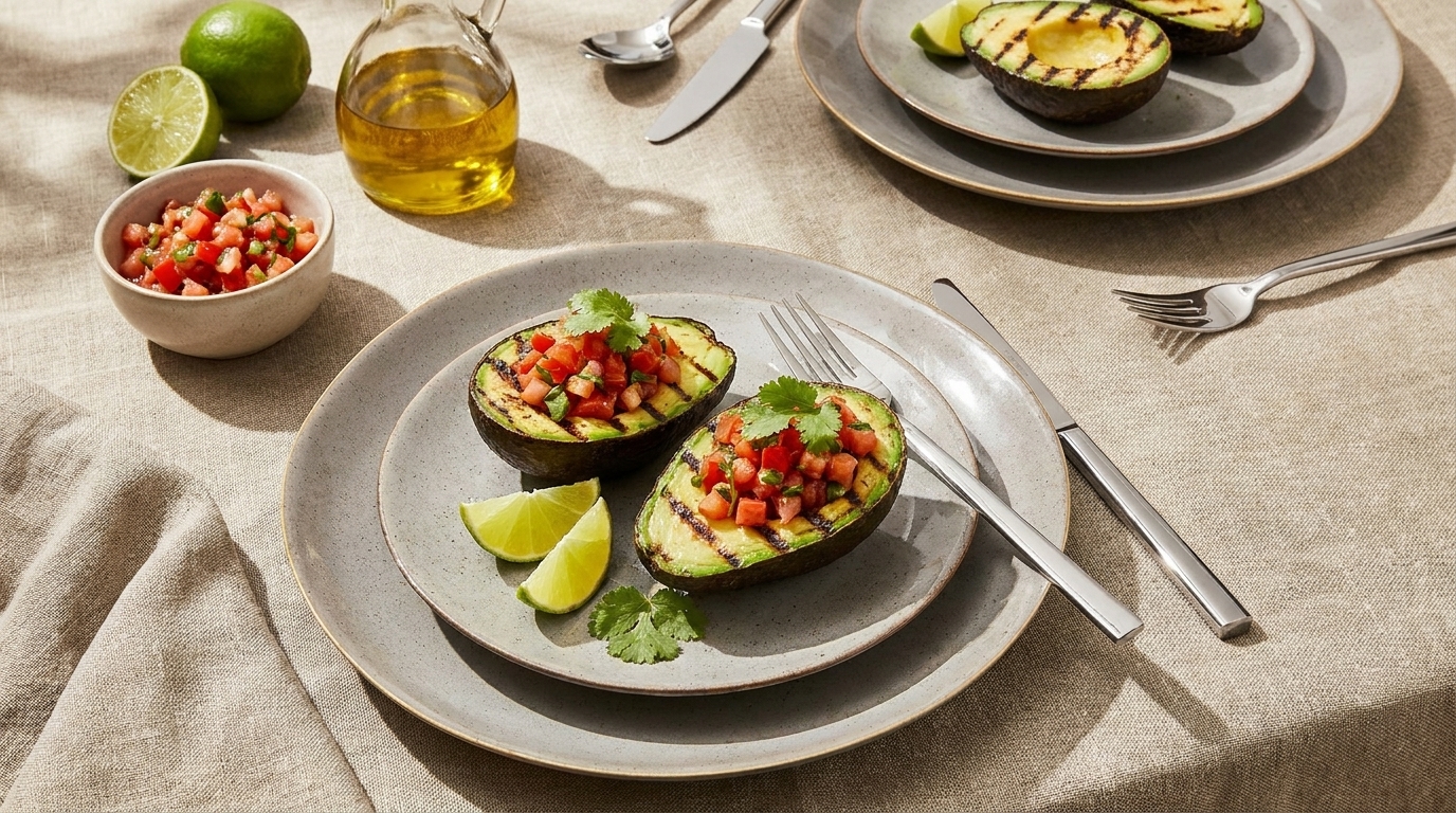 Auf einem gedeckten Tisch liegen zwei gegrillte Avocados, gefüllt mit einer bunten Tomatensalsa und garniert mit frischem Koriander. Neben den Avocados stehen Limettenscheiben und ein Schälchen mit zusätzlicher Salsa. Ein Glas Olivenöl ist vorhanden.