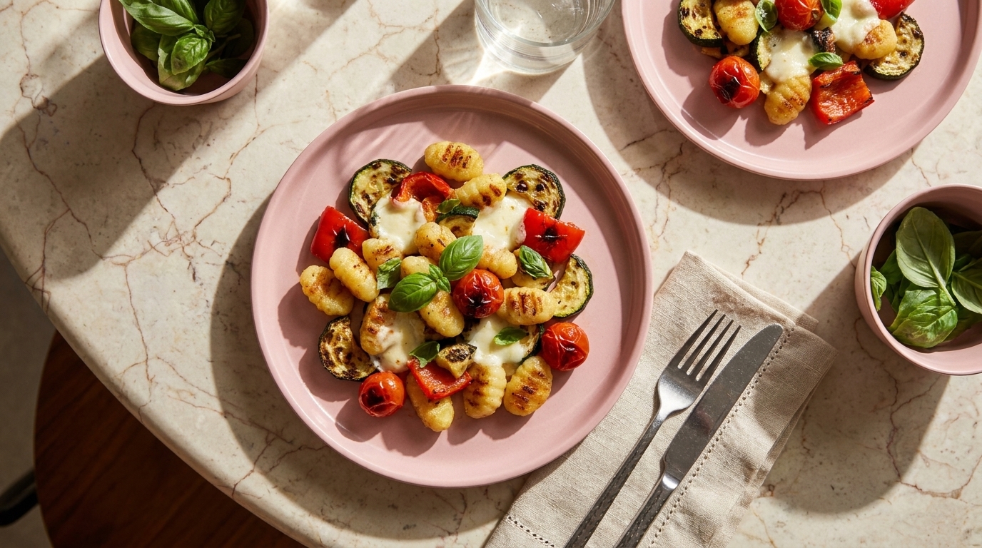 Ein runder, rosafarbener Teller mit Gnocchi, gegrilltem Gemüse, Tomaten und frischem Basilikum. Daneben ein Glas Wasser und zwei weitere Teller mit ähnlichen Speisen. Der Tisch hat eine helle, marmorierte Oberfläche.