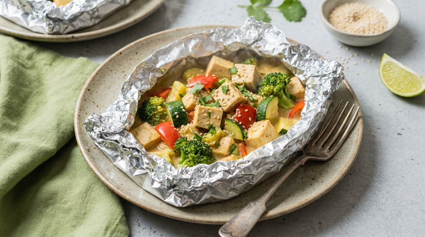 Ein Teller mit einem aufgerollten Aluminium-Paket, gefüllt mit gebratenem Gemüse wie Brokkoli, Paprika und Zucchini sowie Tofu. Neben dem Teller liegt eine Gabel und es gibt einen kleinen Schälchen mit Sesam. Eine Limette und frische Kräuter sind ebenfalls sichtbar.